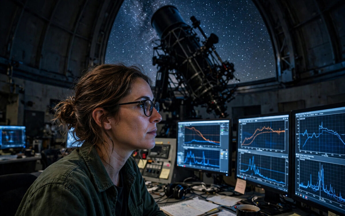 Eine Astronomin wertet Infrarot-Spektren auf Monitoren in einer dunklen Sternwarten-Kuppel aus, dahinter ein grosses Teleskop vor Sternenhimmel.