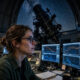 Eine Astronomin wertet Infrarot-Spektren auf Monitoren in einer dunklen Sternwarten-Kuppel aus, dahinter ein grosses Teleskop vor Sternenhimmel.