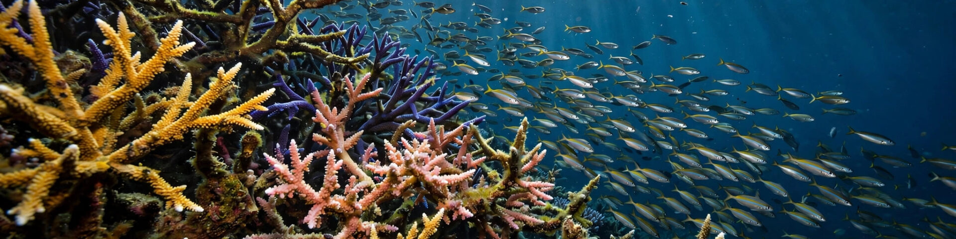 Ein farbenfrohes Korallenriff mit verzweigten Korallen und einem schimmernden Schwarm tropischer Fische im Sonnenlicht.