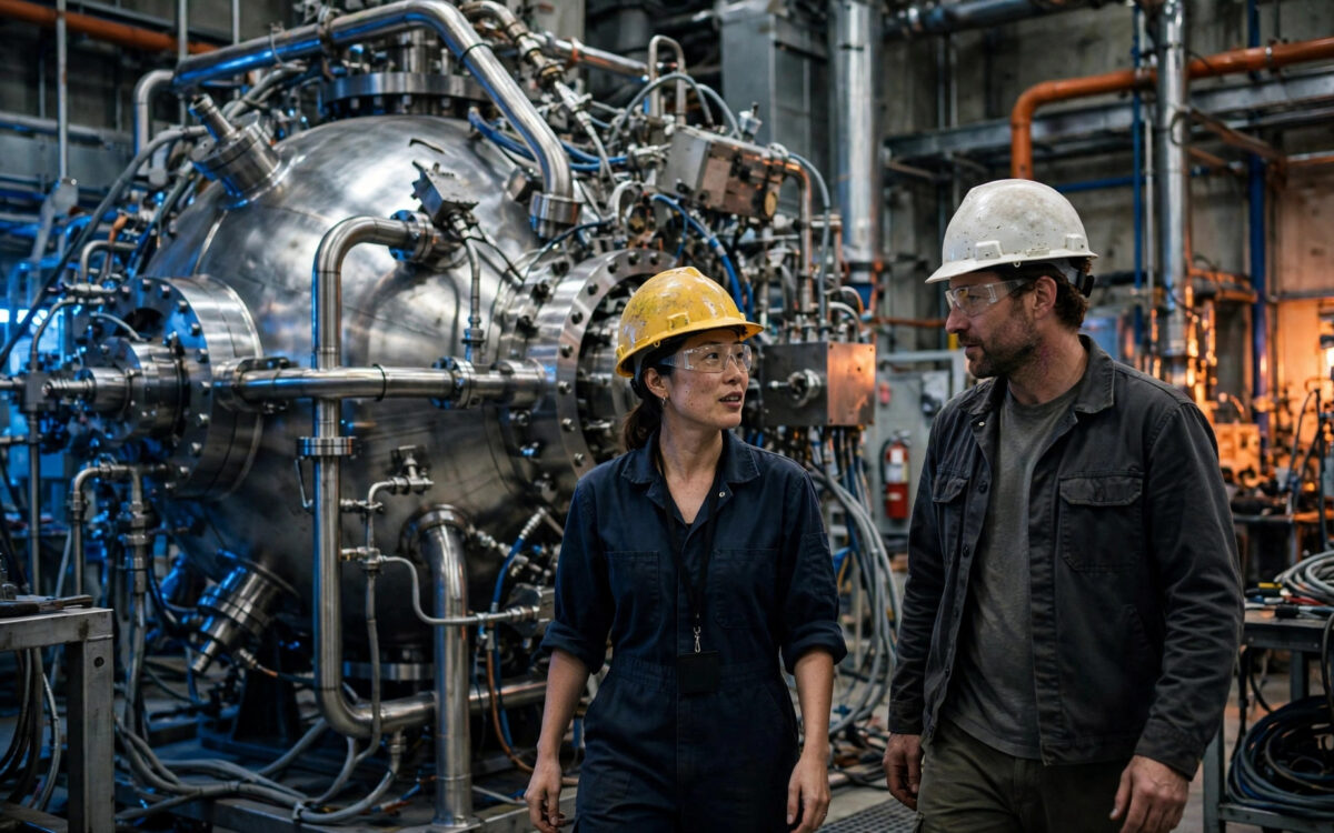 Zwei Ingenieure mit Schutzhelmen und Sicherheitsbrillen stehen neben einer grossen glänzenden Stahlkugel in einem Fusionslabor.