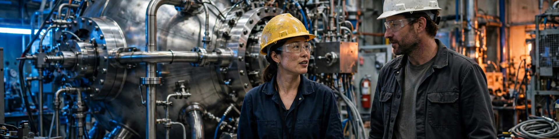 Zwei Ingenieure mit Schutzhelmen und Sicherheitsbrillen stehen neben einer grossen glänzenden Stahlkugel in einem Fusionslabor.