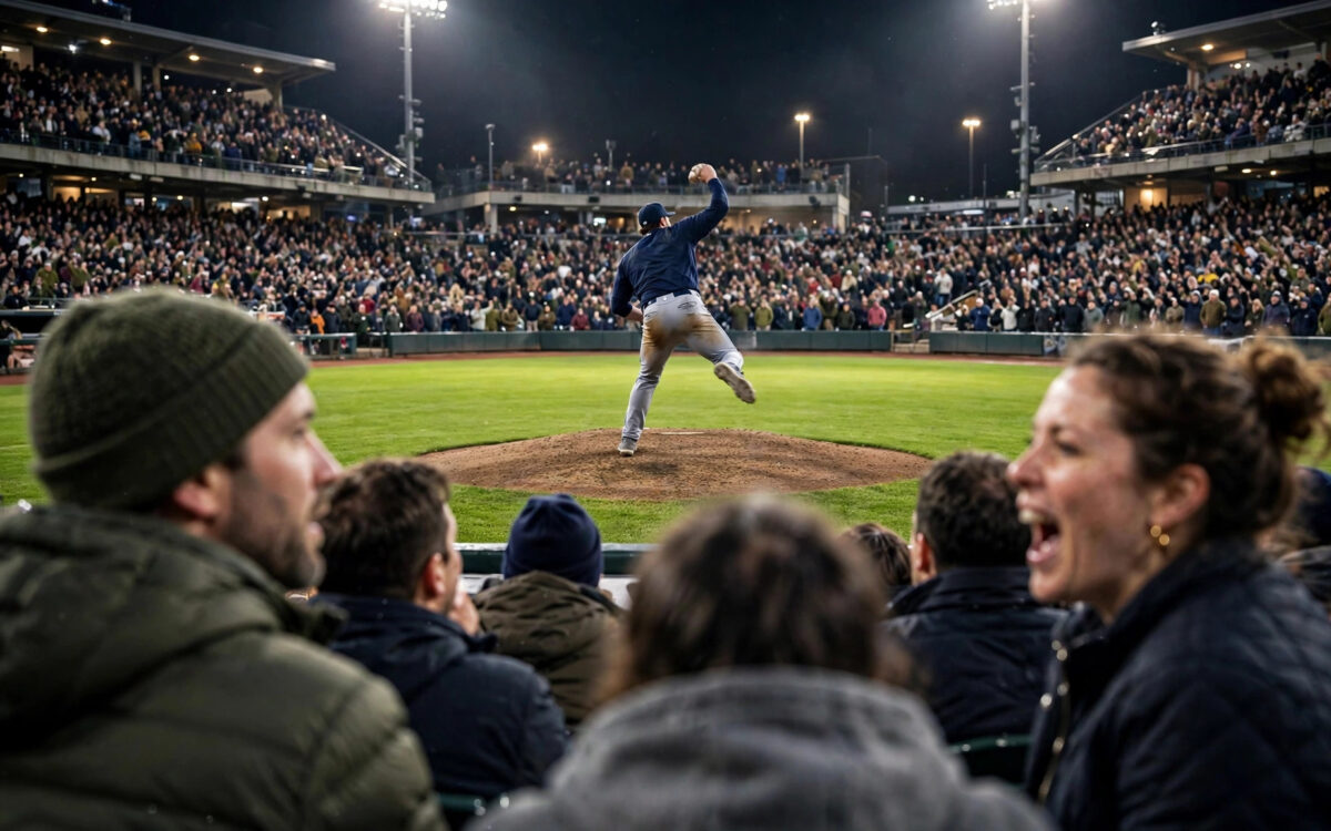 Ein Pitcher wirft in der Wurfbewegung auf dem Mound bei Nacht in einem vollen Baseball-Stadion, Fans jubeln unter Flutlicht.