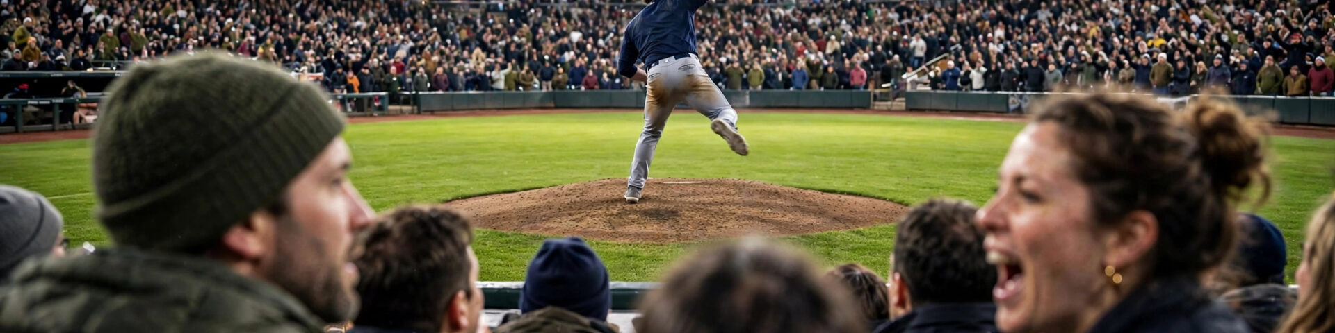 Ein Pitcher wirft in der Wurfbewegung auf dem Mound bei Nacht in einem vollen Baseball-Stadion, Fans jubeln unter Flutlicht.