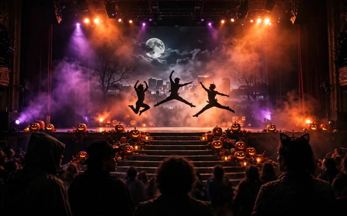 Halloween-Spektakel auf der Buehne von Michael Jackson ONE in Las Vegas: Artisten als Silhouetten vor orange-violettem Licht und Kuerbislaternen.