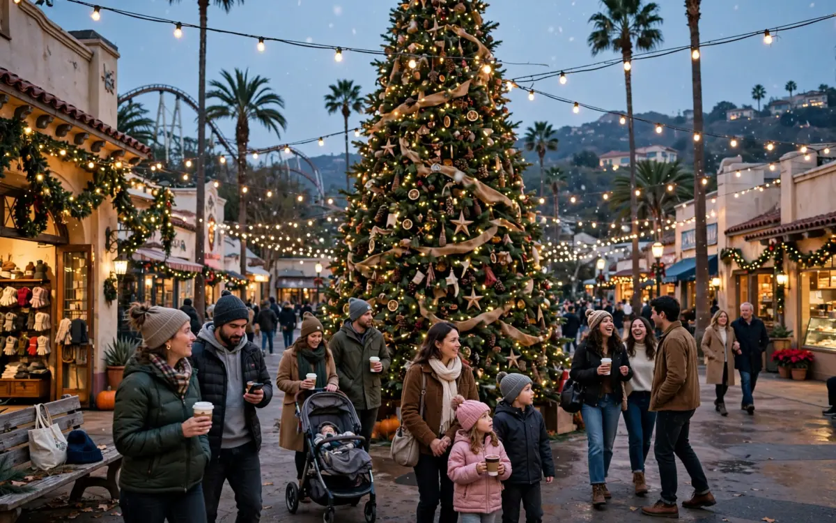 Weihnachtszauber in den Universal Studios Hollywood: ein riesiger Weihnachtsbaum, fallender Schnee und festlich beleuchteter Platz in der Abenddämmerung.