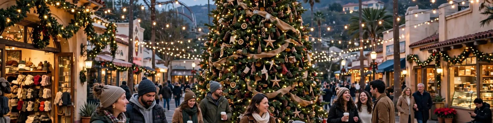Weihnachtszauber in den Universal Studios Hollywood: ein riesiger Weihnachtsbaum, fallender Schnee und festlich beleuchteter Platz in der Abenddämmerung.