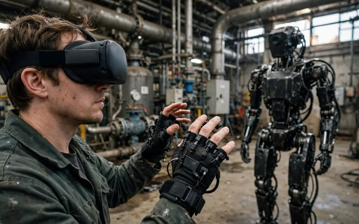 Humanoider Minerva-Roboter Roger arbeitet in einer Industrie-Energieanlage, ferngesteuert von einem Operator