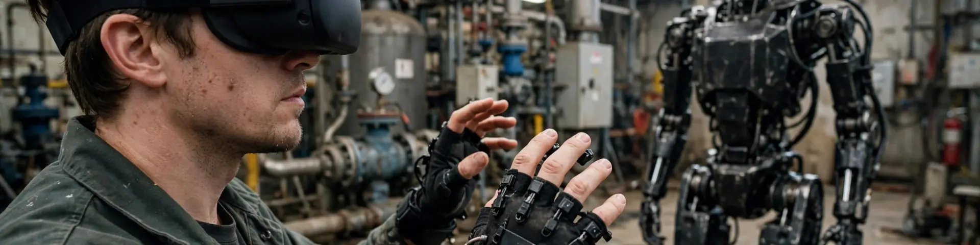 Humanoider Minerva-Roboter Roger arbeitet in einer Industrie-Energieanlage, ferngesteuert von einem Operator