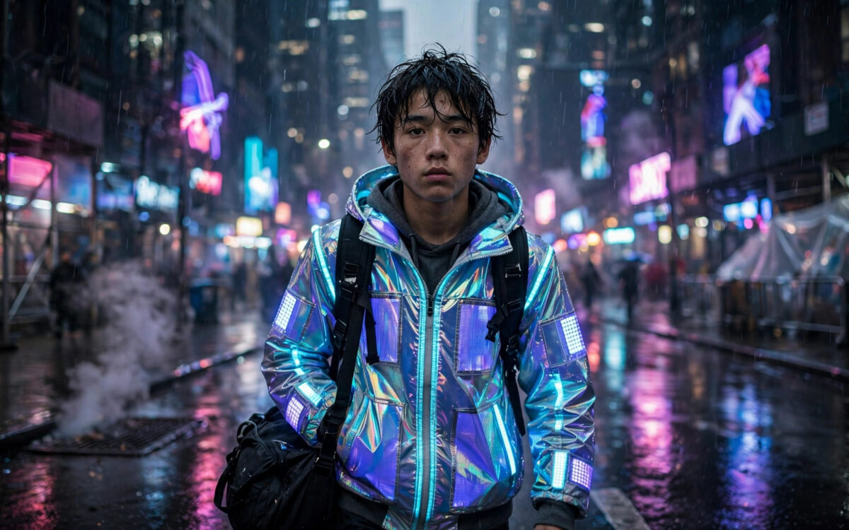 Regennasse neonbeleuchtete dystopische Megacity-Straße bei Nacht, Original-Artwork zu Cyberpunk 2077