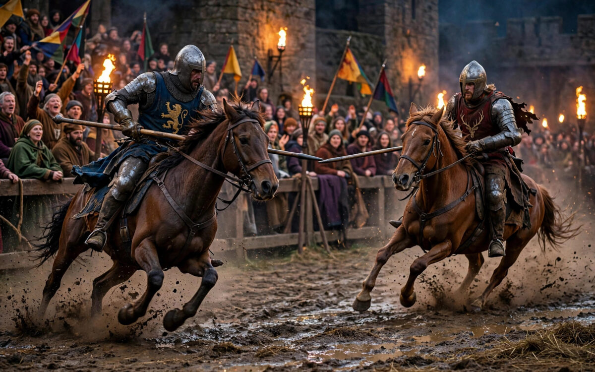 Zwei Ritter turnieren auf Pferden in einer fackelbeleuchteten Burgarena, Original-Artwork zum Medieval-Times-Film