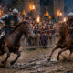 Zwei Ritter turnieren auf Pferden in einer fackelbeleuchteten Burgarena, Original-Artwork zum Medieval-Times-Film