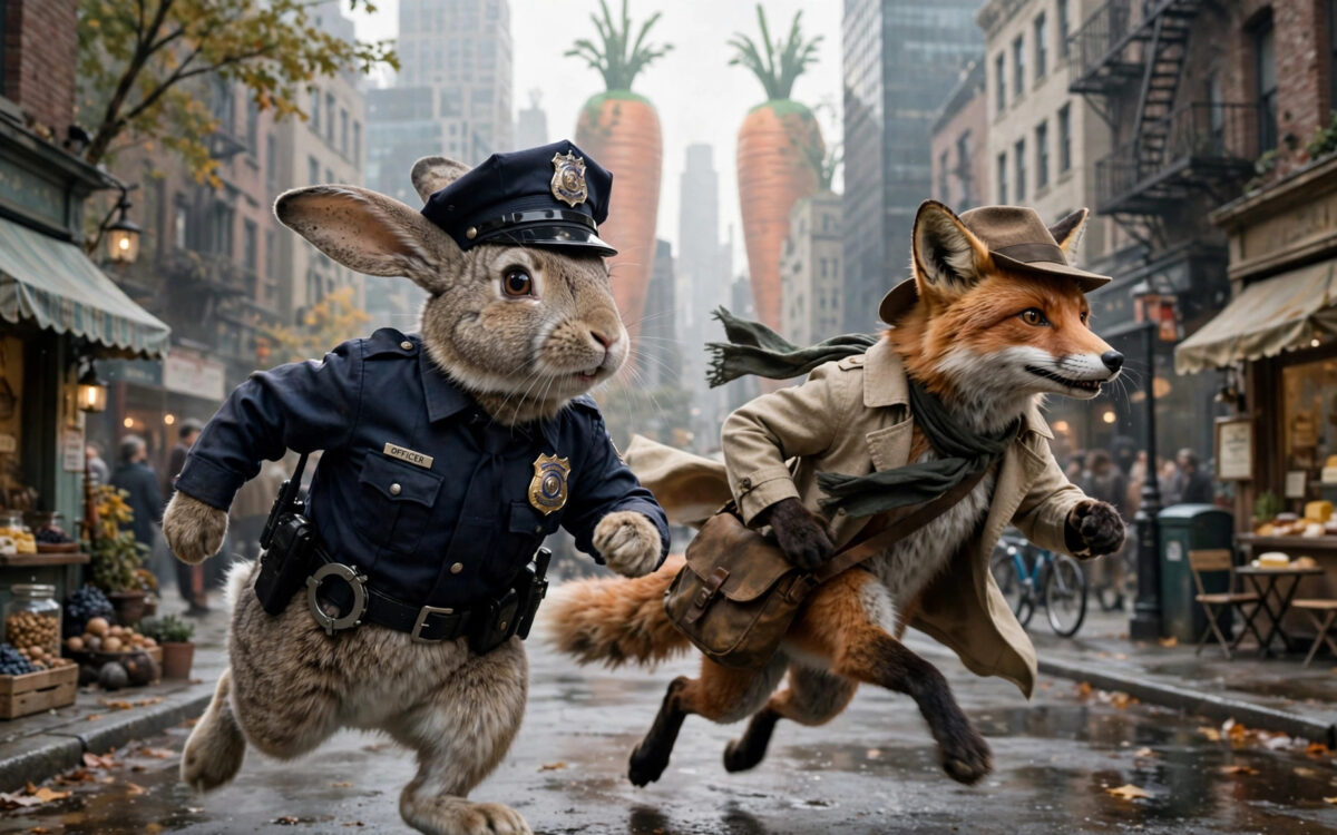 Hasenpolizistin und Fuchsdetektiv rennen durch eine fantasievolle Säugetiermetropole, Original-Artwork zu Zoomania 2