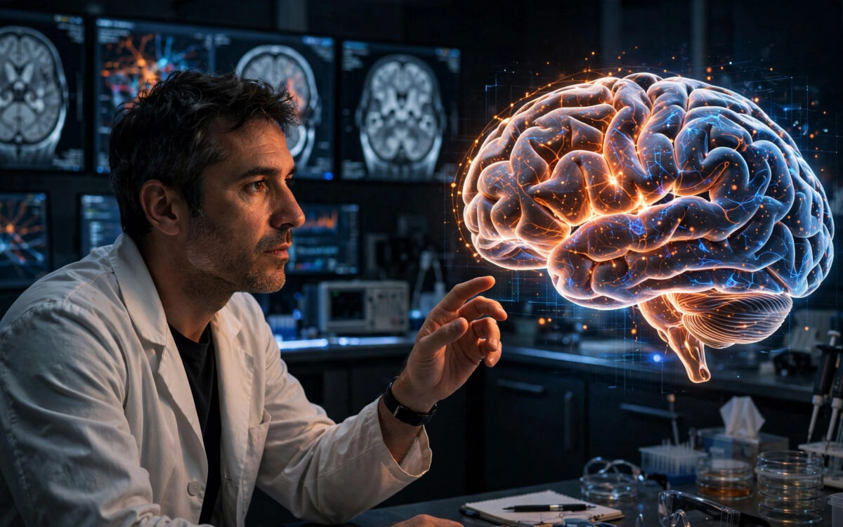 Neurowissenschaftlerin untersucht ein leuchtendes 3D-Gehirnmodell in einem modernen Labor