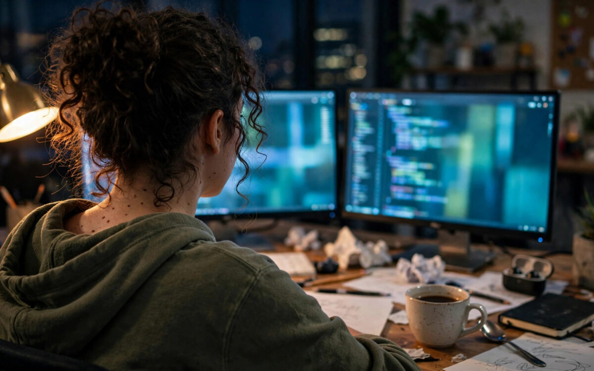 Softwareentwickler arbeitet nachts am Schreibtisch mit zwei Monitoren an KI-Agenten-Workflows