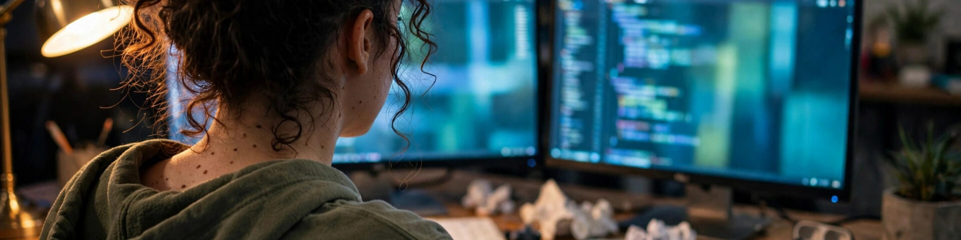 Softwareentwickler arbeitet nachts am Schreibtisch mit zwei Monitoren an KI-Agenten-Workflows