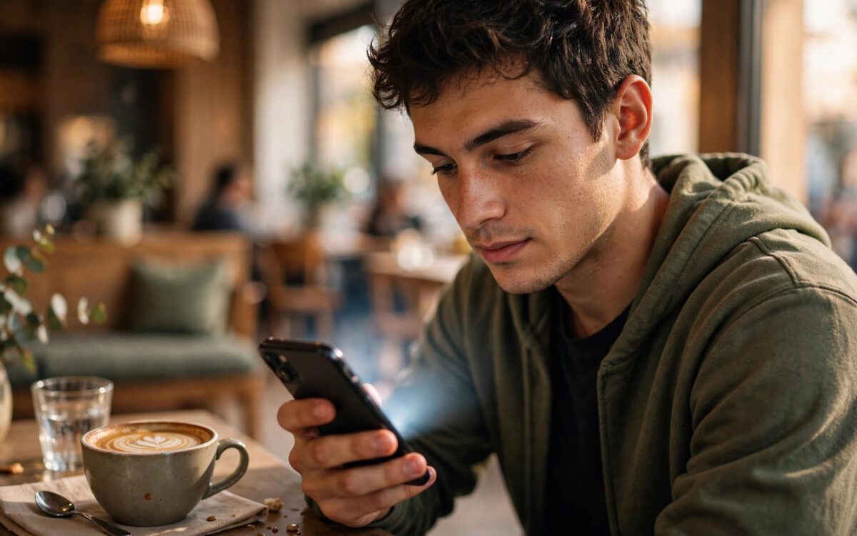 Junger Mann nutzt ein Smartphone in einem Café, dazu die neue interaktive ChatGPT-Oberfläche