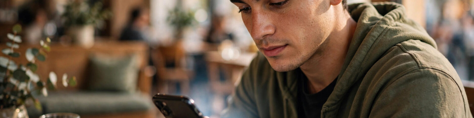 Junger Mann nutzt ein Smartphone in einem Café, dazu die neue interaktive ChatGPT-Oberfläche