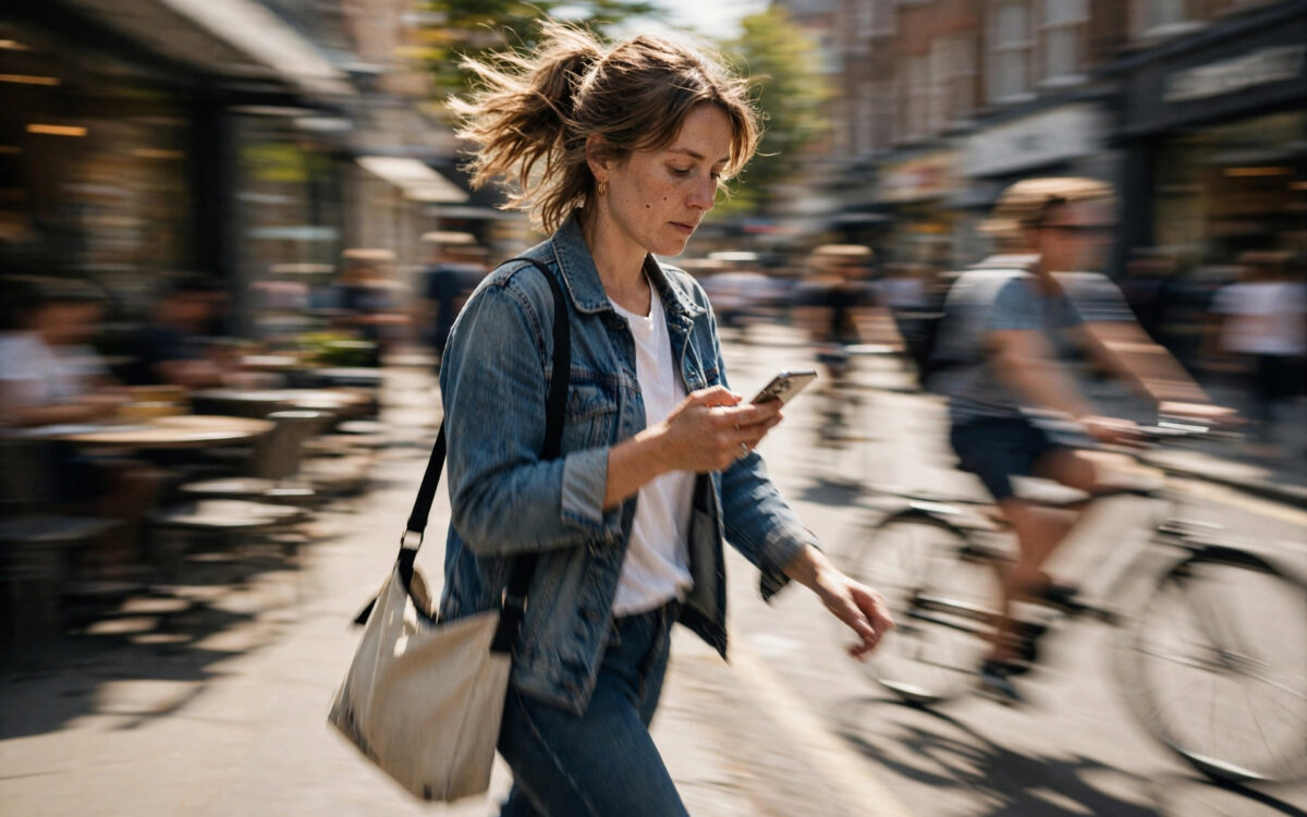 Frau schreibt auf dem Handy beim Spaziergang durch eine sonnige Straße