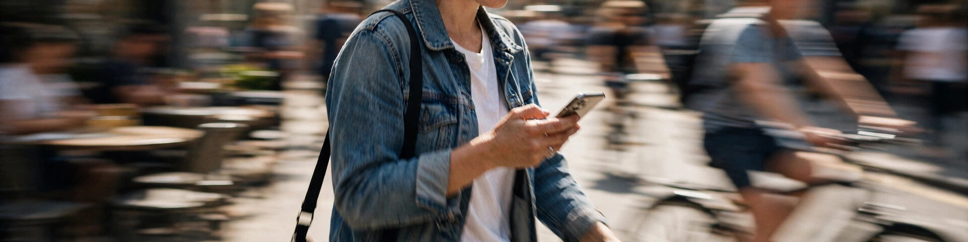 Frau schreibt auf dem Handy beim Spaziergang durch eine sonnige Straße