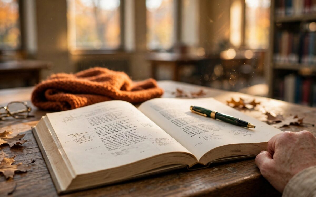 Sonniger Bibliotheksschreibtisch mit aufgeschlagenem Buch griechischer Verse und Füllfederhalter – Sinnbild für Anne Carsons Literaturnobelpreis.