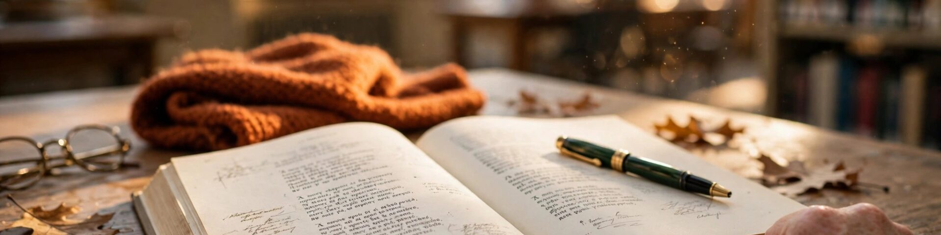 Sonniger Bibliotheksschreibtisch mit aufgeschlagenem Buch griechischer Verse und Füllfederhalter – Sinnbild für Anne Carsons Literaturnobelpreis.