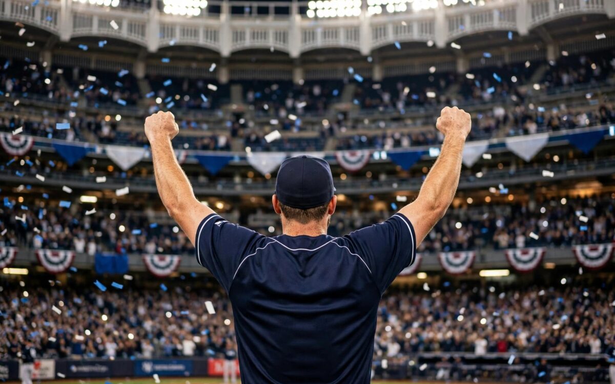 Yankee Stadium bei Nacht, Konfetti im Stadionlicht – ein Rays-Outfielder jubelt nach dem 3:0-Sweep über die Yankees.