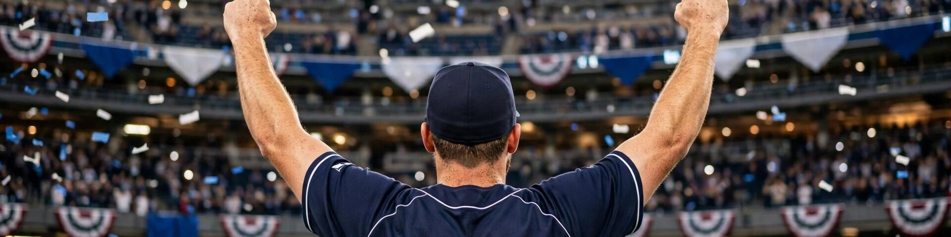 Yankee Stadium bei Nacht, Konfetti im Stadionlicht – ein Rays-Outfielder jubelt nach dem 3:0-Sweep über die Yankees.