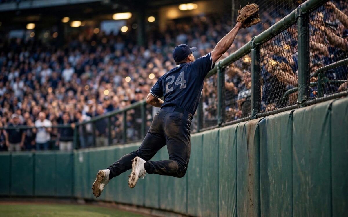 Ein Centerfielder springt an der Outfield-Wand hoch und fängt einen Homerun – wie Garrett Mitchells Fang des Jahres im NLDS-Spiel 4.