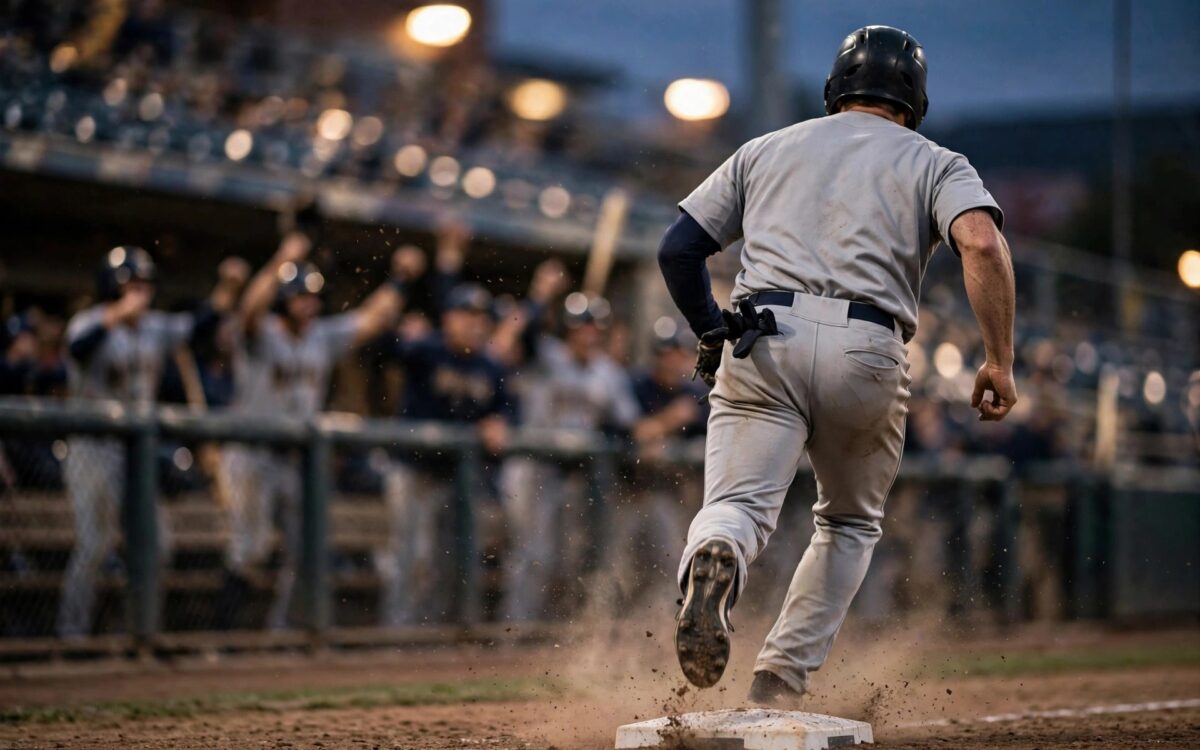 Ein Guardians-Spieler rundet die dritte Base bei Abenddämmerung, Teamkollegen jubeln im Dugout – nach dem 9:3-Sieg über die White Sox.