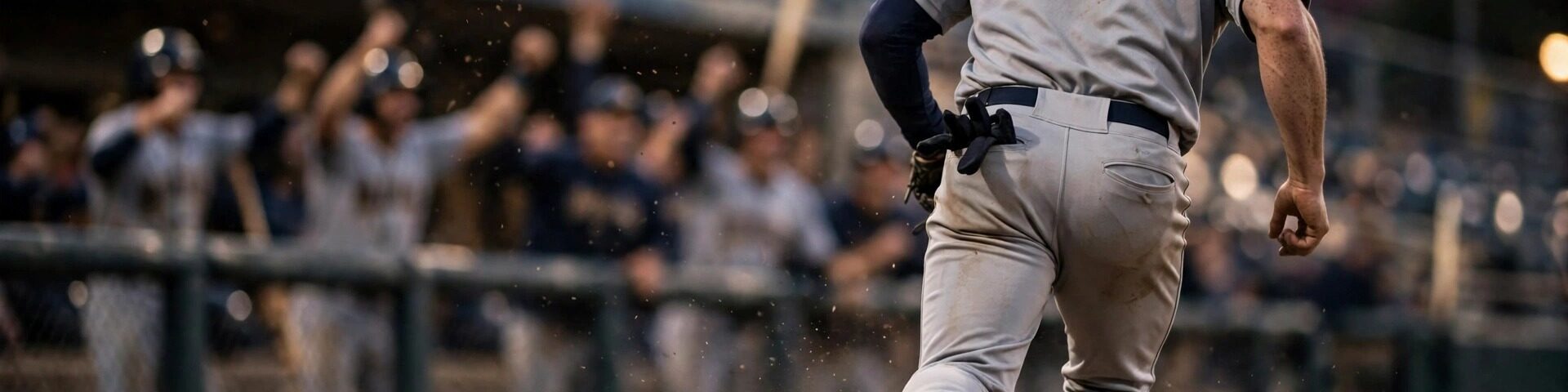 Ein Guardians-Spieler rundet die dritte Base bei Abenddämmerung, Teamkollegen jubeln im Dugout – nach dem 9:3-Sieg über die White Sox.