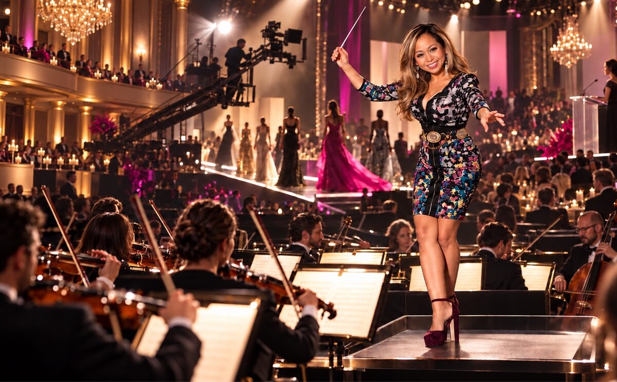 Raquel Sanchez, bekannt als The Orchestr8or, dirigiert auf einem Podest ein Orchester in einem prunkvollen Ballsaal waehrend einer Modengala, Models in Abendroben auf dem Laufsteg hinter ihr