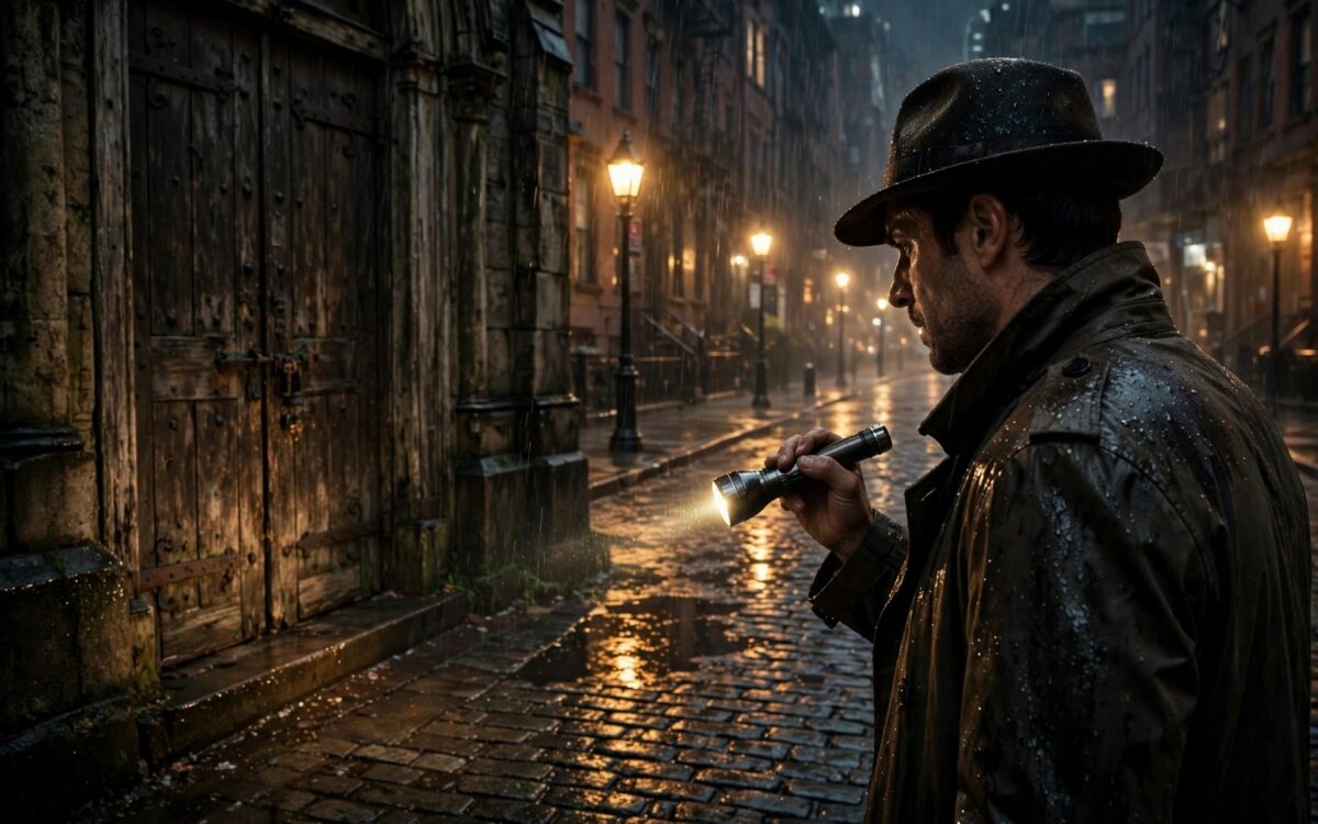 Regennasse New Yorker Straße bei Nacht, ein Detektiv mit Taschenlampe vor einer alten Kirchentür – düstere Stimmung wie in "The Exorcist: Martyrs".