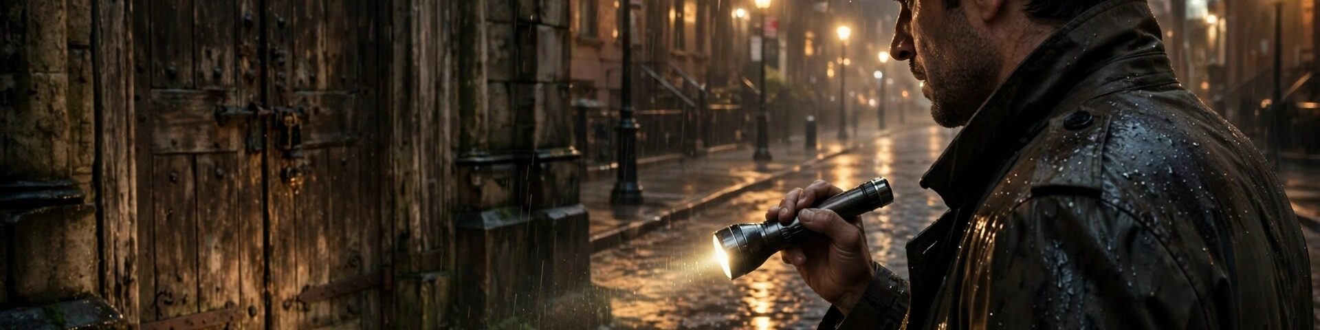 Regennasse New Yorker Straße bei Nacht, ein Detektiv mit Taschenlampe vor einer alten Kirchentür – düstere Stimmung wie in "The Exorcist: Martyrs".