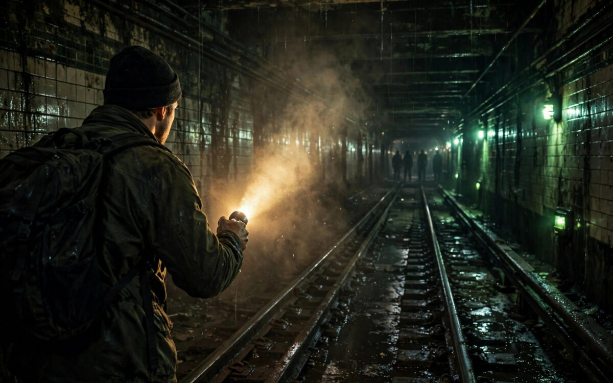 Ein einsamer Entdecker leuchtet mit einer Taschenlampe in einen dunklen verlassenen U-Bahn-Tunnel unter New York City, in der Ferne schemenhafte Gestalten.
