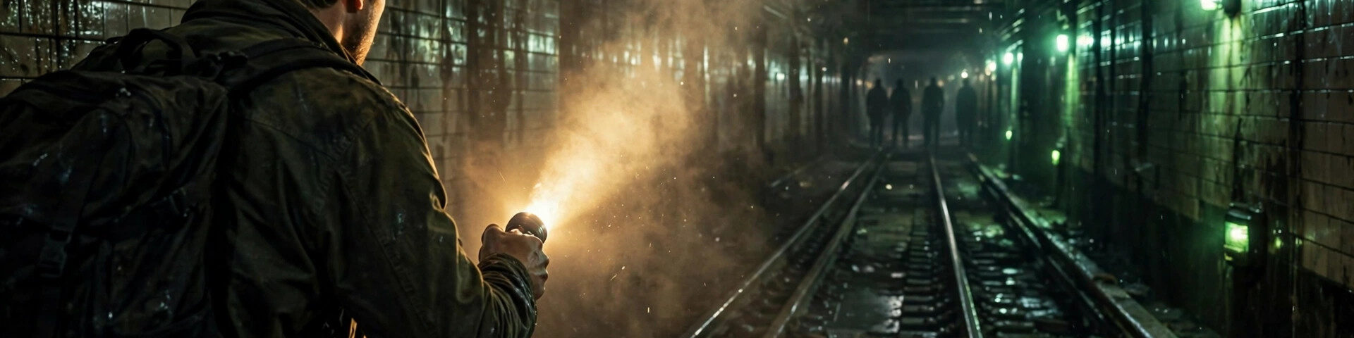 Ein einsamer Entdecker leuchtet mit einer Taschenlampe in einen dunklen verlassenen U-Bahn-Tunnel unter New York City, in der Ferne schemenhafte Gestalten.