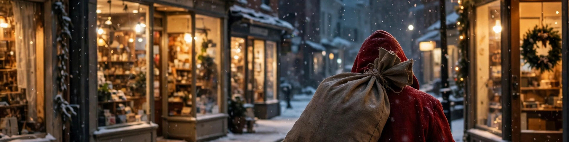 Schneebedeckte Kleinstadtstraße bei Nacht mit warmen Schaufenstern und einer einsamen Figur im roten Mantel