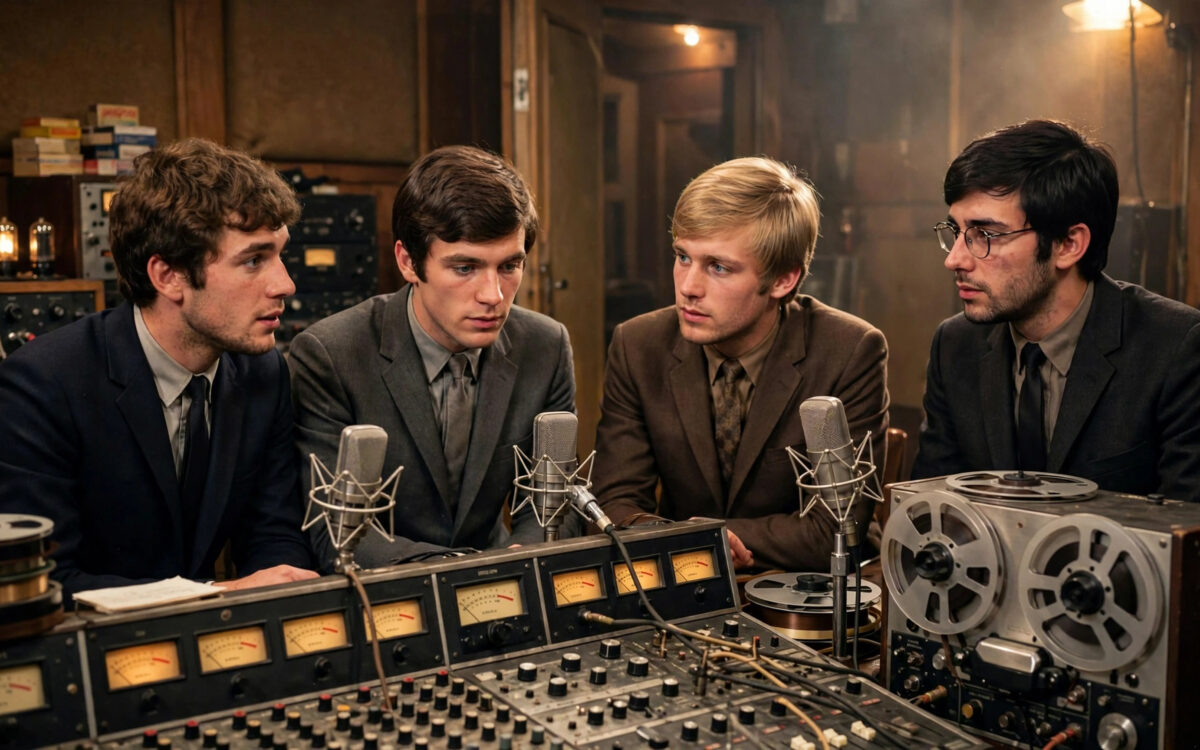 Vier junge Musiker mit Instrumenten der sechziger Jahre in einem warm beleuchteten Tonstudio - Originalszene zum Beatles-Filmereignis von Sam Mendes in vier Filmen fuer April 2028.