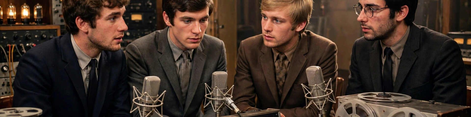 Vier junge Musiker mit Instrumenten der sechziger Jahre in einem warm beleuchteten Tonstudio - Originalszene zum Beatles-Filmereignis von Sam Mendes in vier Filmen fuer April 2028.