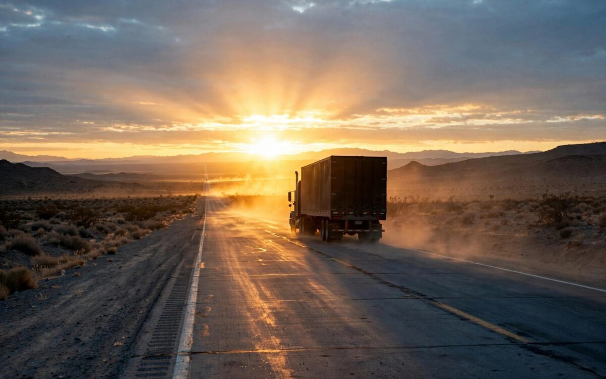 Autobahn in der Morgendämmerung mit dramatischem Lichtschein und Lkw-Silhouette – die Wucht eines Transformers-Films.