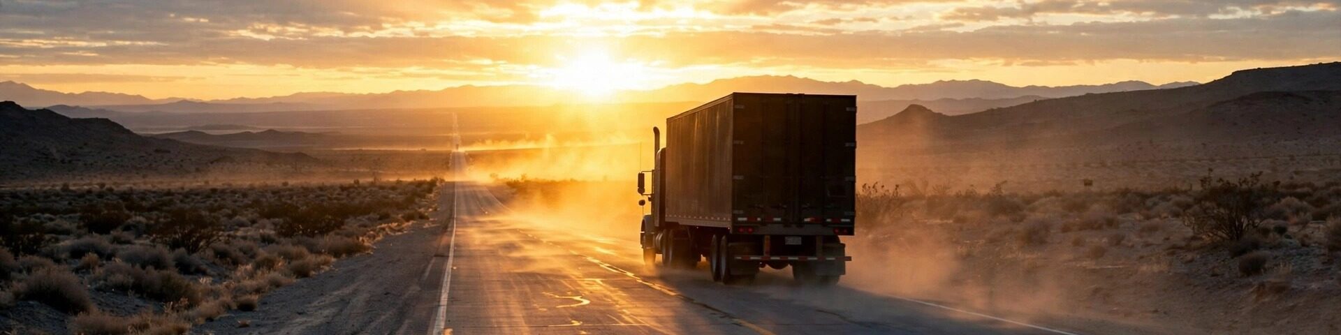 Autobahn in der Morgendämmerung mit dramatischem Lichtschein und Lkw-Silhouette – die Wucht eines Transformers-Films.