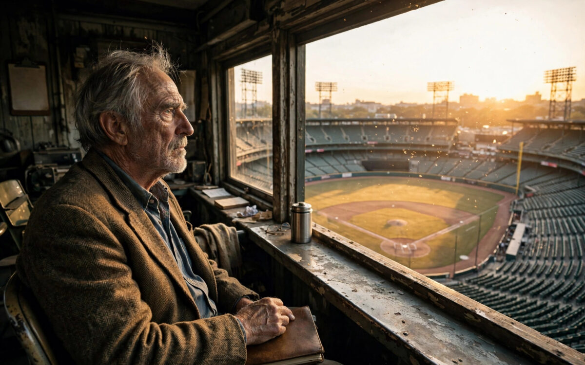 Ein alternder Sportreporter mit Notizblock sitzt in einer Presseloge mit Blick auf ein Baseball-Stadion im goldenen Abendlicht.