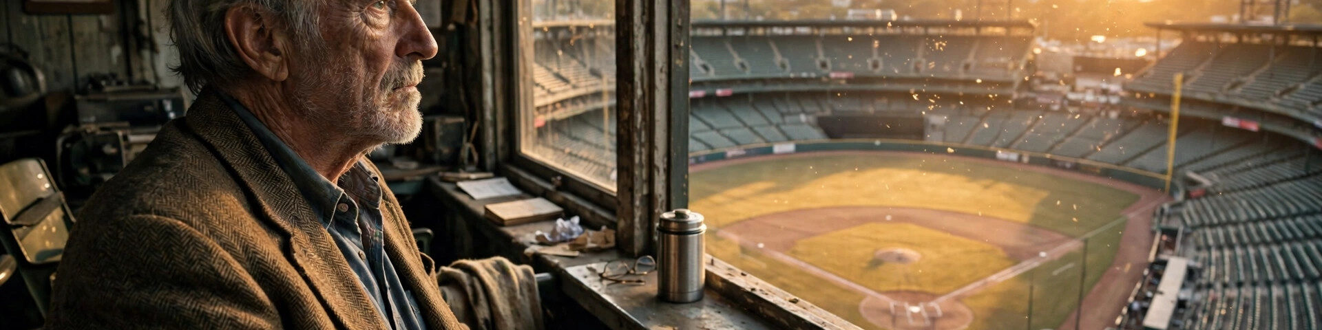 Ein alternder Sportreporter mit Notizblock sitzt in einer Presseloge mit Blick auf ein Baseball-Stadion im goldenen Abendlicht.