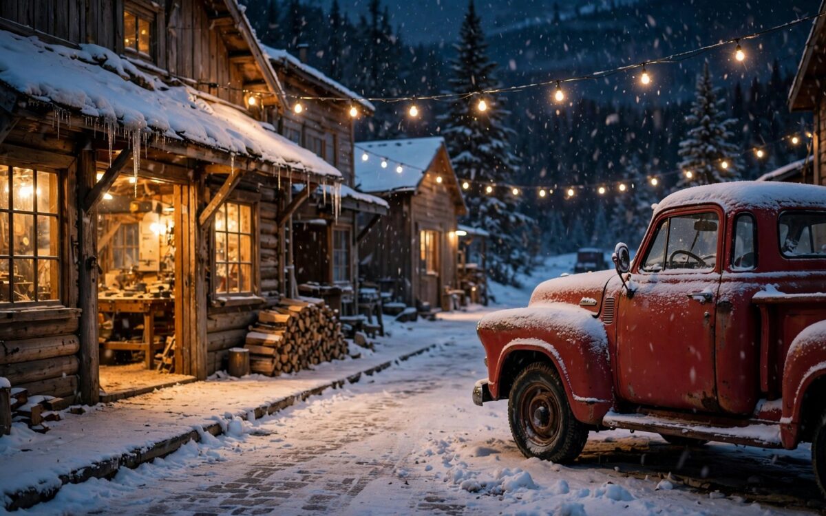 Verschneite Nordpol-Dorfstraße bei Nacht mit warm leuchtenden Werkstattfenstern und einem roten Oldtimer-Pickup im Schnee.