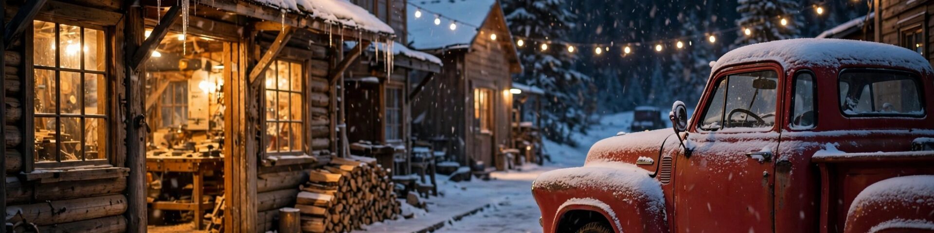 Verschneite Nordpol-Dorfstraße bei Nacht mit warm leuchtenden Werkstattfenstern und einem roten Oldtimer-Pickup im Schnee.