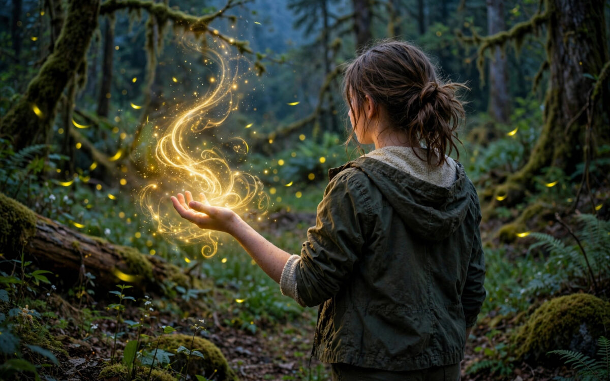 Ein Teenager-Mädchen entdeckt goldene Magie, die aus ihren Händen in einer nebligen Waldlichtung bei Dämmerung wirbelt.