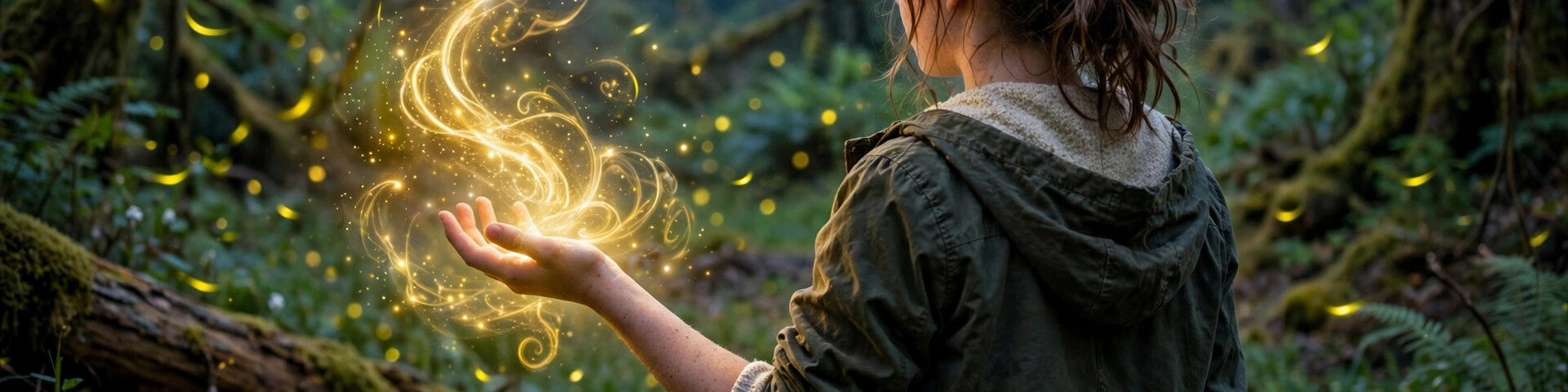 Ein Teenager-Mädchen entdeckt goldene Magie, die aus ihren Händen in einer nebligen Waldlichtung bei Dämmerung wirbelt.