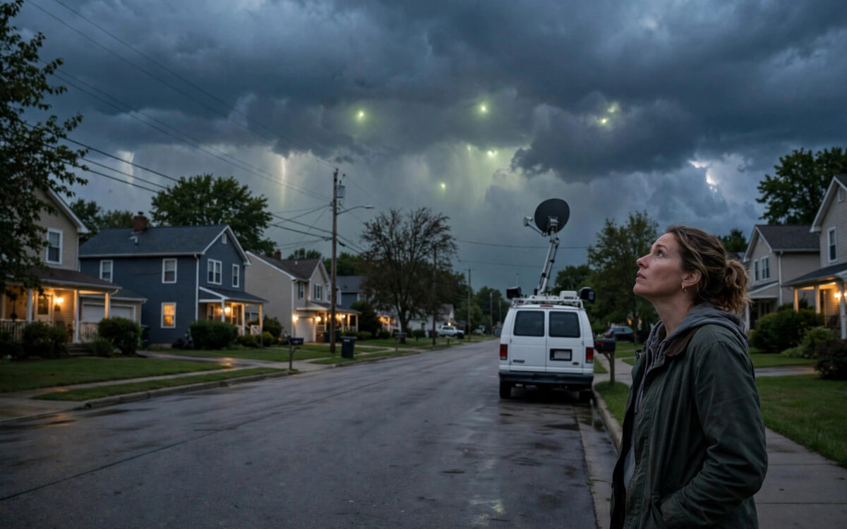 Vorstadtstraße in der Abenddämmerung unter Sturmwolken mit Übertragungswagen und mysteriösen Lichtern am Himmel