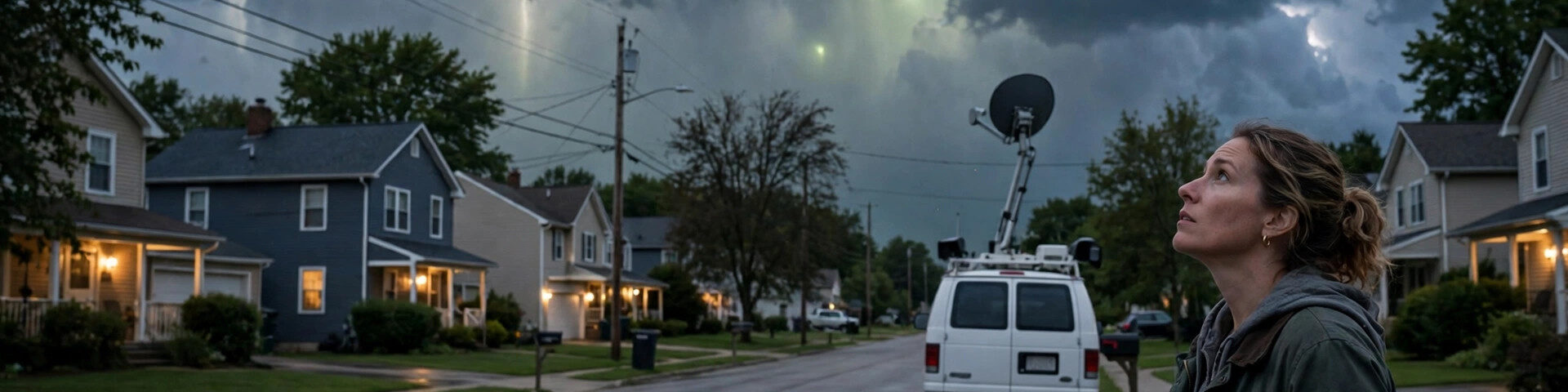 Vorstadtstraße in der Abenddämmerung unter Sturmwolken mit Übertragungswagen und mysteriösen Lichtern am Himmel
