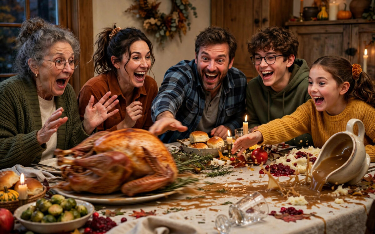 Eine fröhliche Familie reagiert, als ein Truthahn über einen chaotischen Thanksgiving-Esstisch rutscht.
