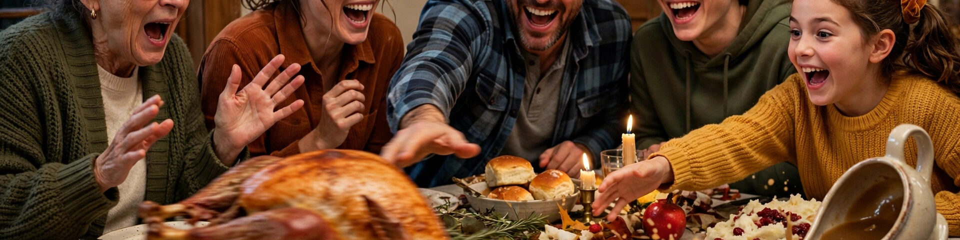 Eine fröhliche Familie reagiert, als ein Truthahn über einen chaotischen Thanksgiving-Esstisch rutscht.